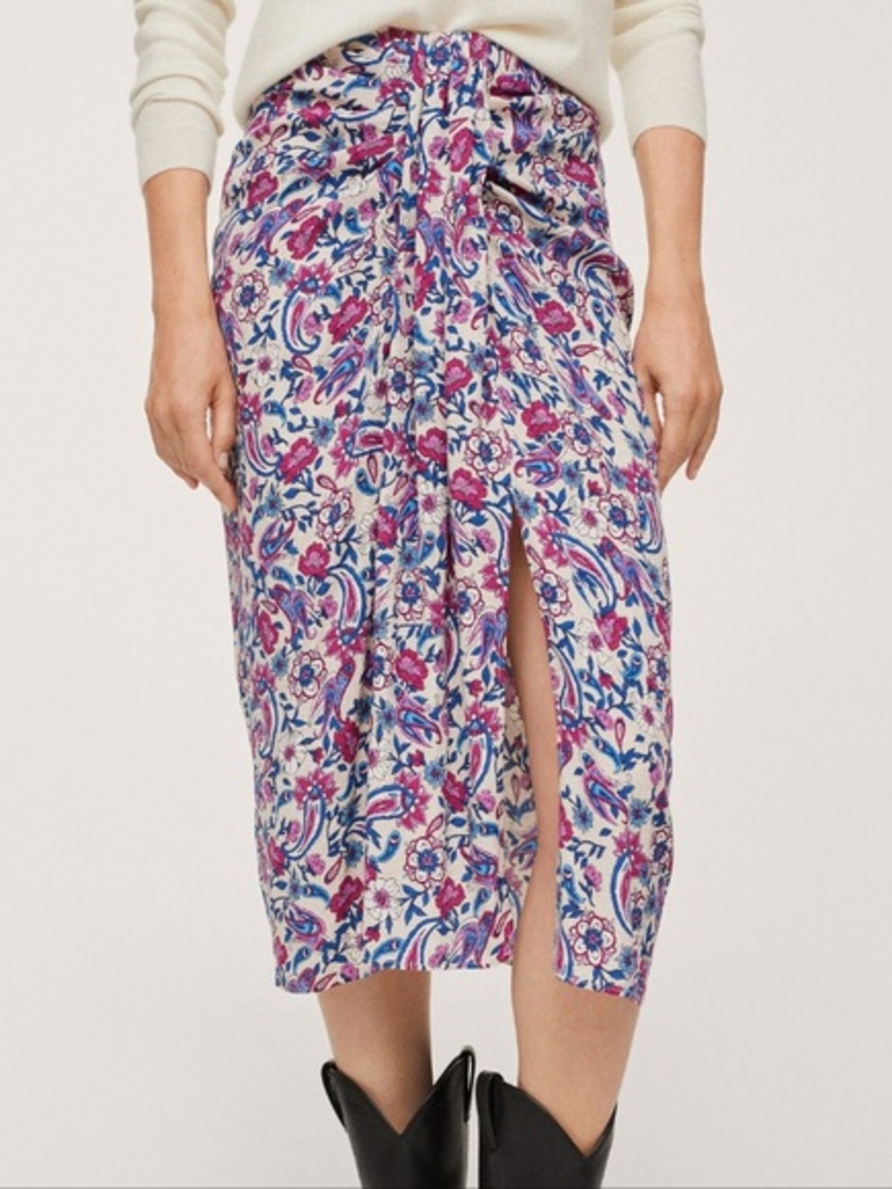 Mango Cream Floral Paisley Draped Midi Skirt